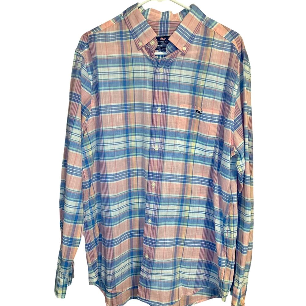 Vineyard Vines Slim Fit Tucker Shirt Long Sleeve Men's Large Blue Pink Check
